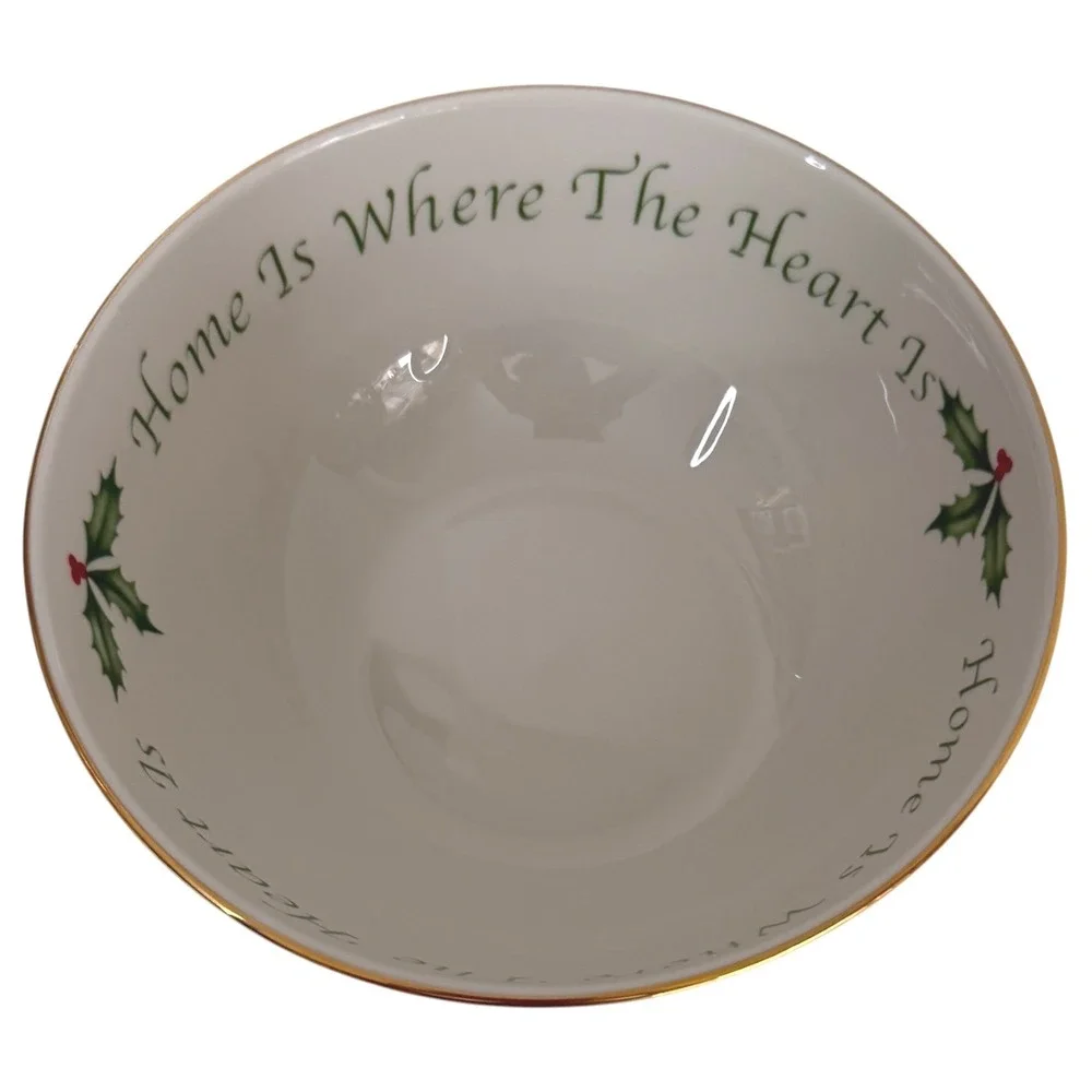 Lenox Xmas Holiday Sentiment Serving Bowl Home Is Where The Heart Is Holly Berry